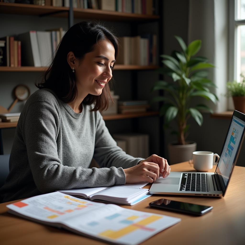 Entrepreneur implementing time management system at desk with calendar and task list