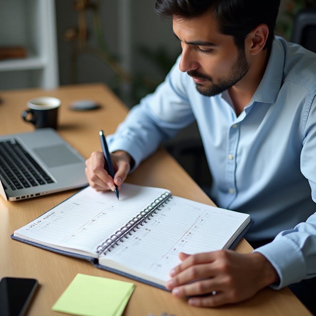 Entrepreneur reviewing weekly schedule and planning priorities
