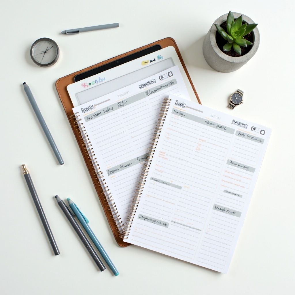 Simple workspace with paper planner and digital calendar showing time management tools