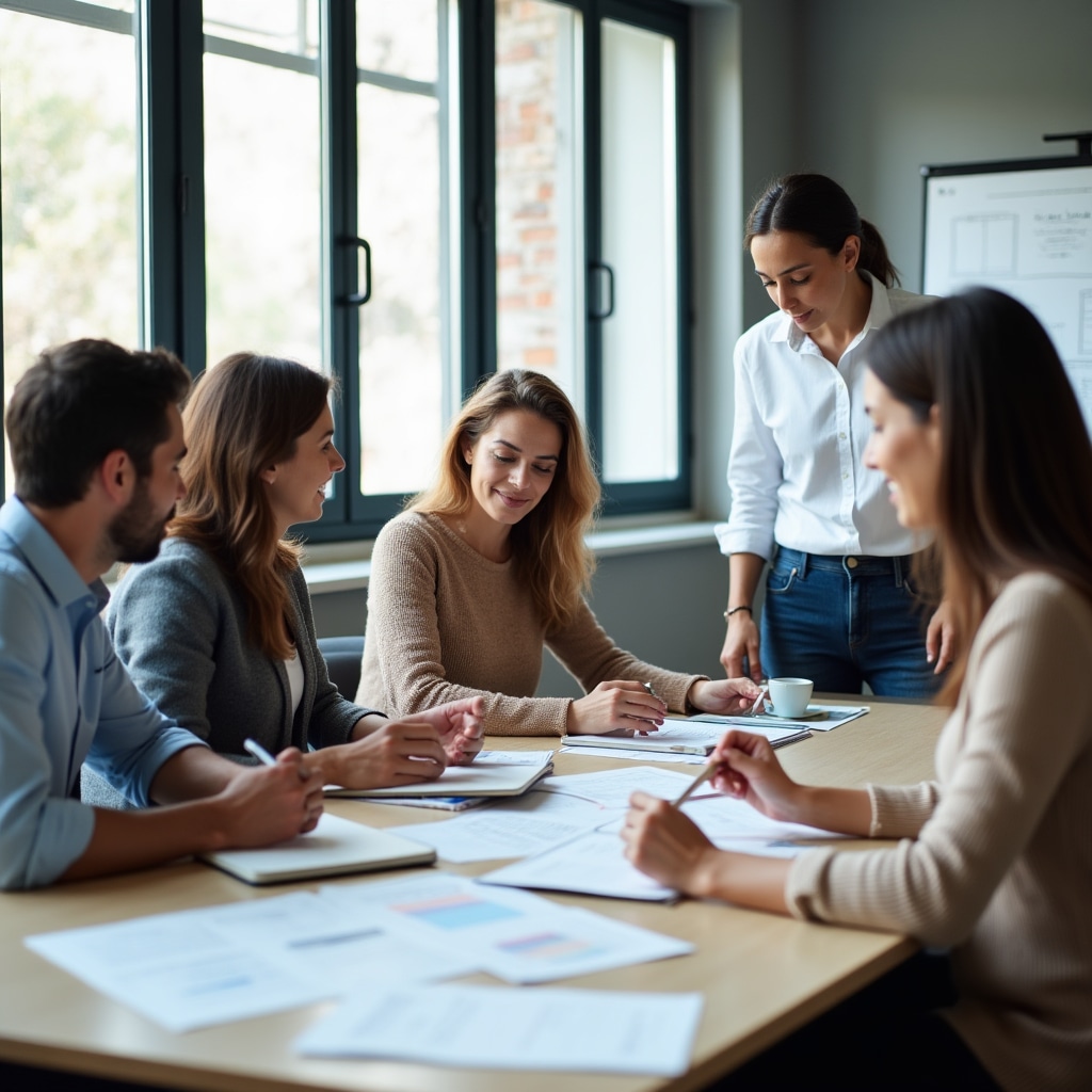 Workshop participants working on time management exercises in small groups